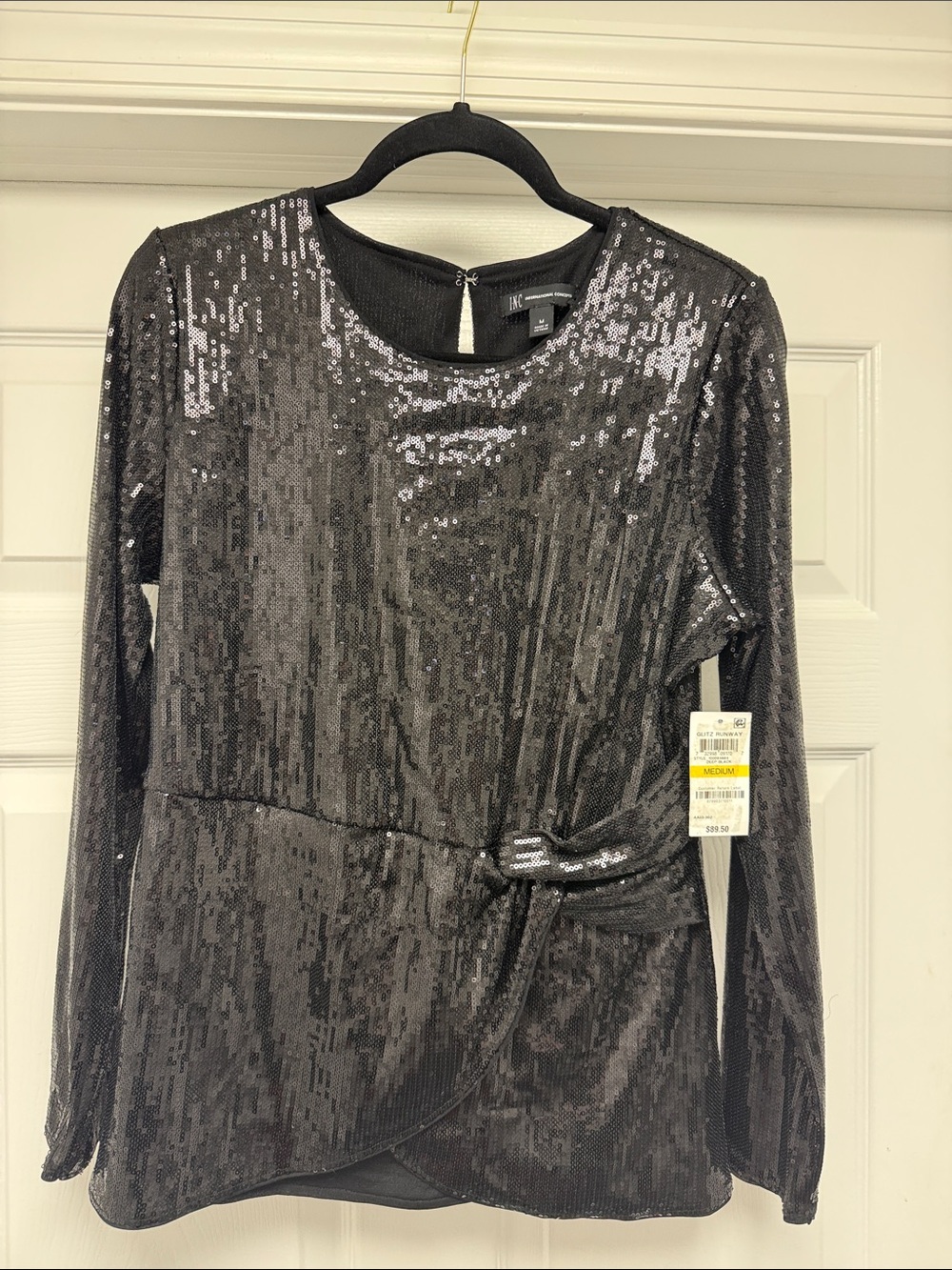 INC International Concepts Black Sequin Long-Sleeve Blouse